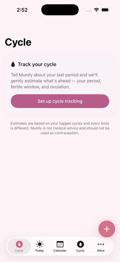 Mumly Cycle screen with period and ovulation tracking